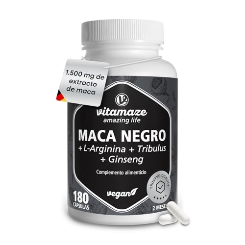 Complejo de Maca Negra Alta dosis, 30.000 mg por Dosis Diaria, 500 mg de Extracto de Maca 20:1 con L-Arginina, Tribulus, Ginseng, Zinc, Vitaminas B, 180 Cápsulas Veganas, Fabricado en Alemania