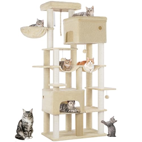 Hzuaneri Kratzbaum, 200cm XXL Kratzbaum mit 10 Kratzsäulen, 2 Höhlen, 2 Hängematten, große Plattform, Katzenbürsten, Korb,Schwerer Katzenbaum für Maine Coon, große Katzen, Beige MS20018YL Hzuaneri Kratzbaum, 200cm XXL Kratzbaum mit 10 Kratzsäulen, 2 Höhlen, 2 Hängematten, große Plattform, Katzenbürsten, Korb,Schwerer Katzenbaum für Maine Coon, große Katzen, Beige MS20018YL