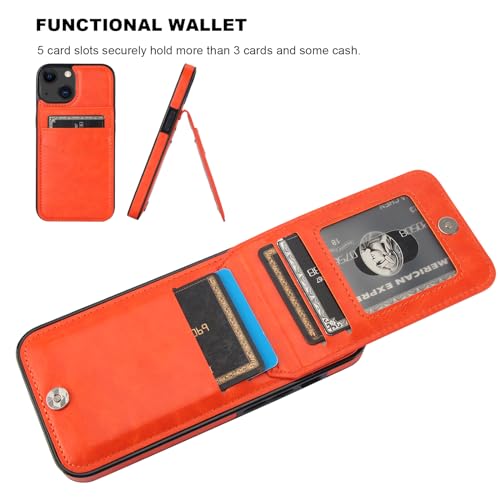 Image of KIHUWEY Compatible with iPhone 13 Case Wallet with Credit Card Holder, Premium Leather Magnetic Clasp Kickstand Heavy Duty Protective Cover for iPhone 13 6.1 inch (Orange)
