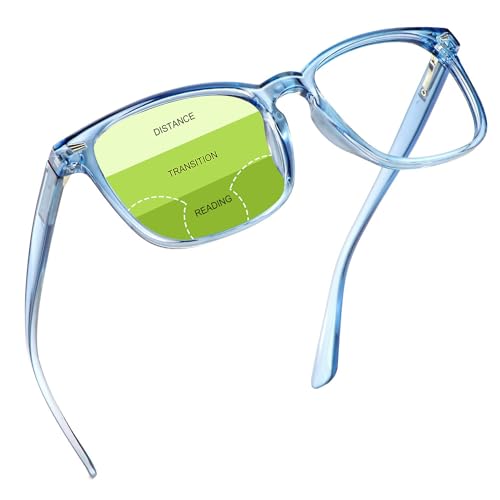 YEIN Progressive Multifocus Reading Glasses, Spring Hinge Blue Light Blocking Glasses for Women Men, No Line Multifocal Readers with Clear Lenses (clear blue,+0.00/+1.50 magnification)
