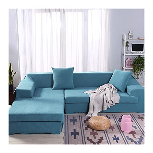 Housse canapé 4 places velours bleu lac pour masquer usure sofa