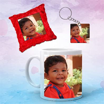 Memory Maker Personalised Photo/Quotes Print in Ceramic Mug, Cushion Cover, Acrylic Keychain Combo Gift Pack (White) Ideal Gift for Friends, Wedding Anniversary, Valentine Day, Birthday