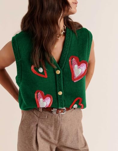 Image of Women Christmas Sweater Vests Santa Claus Print Sleeveless Knit Cardigan Vest Christmas Holiday Tank Top