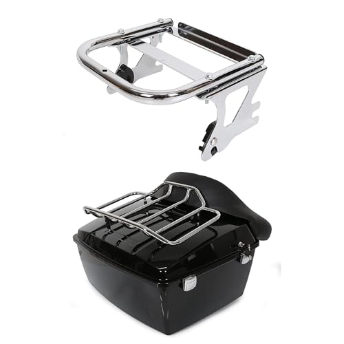 Image of ECOTRIC King Touring Luggage Trunk W /Top Luggage Rack & 2-UP Mounting Rack Compatible with 1997-2008 Harley Davidson Touring Road Glide Street Glide Road King Models (2 Packages Sent)