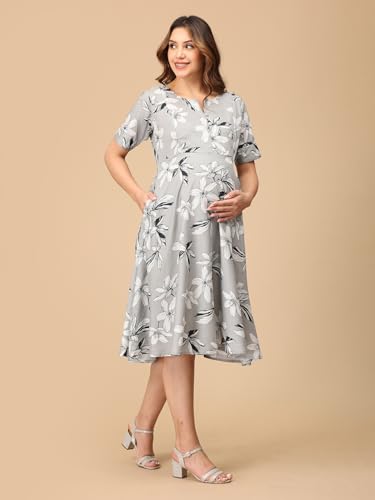 Image of The Mom Store Maternity and Nursing Dress | Pre and Post Pregnancy Dress for Womens | Zipper /Button Opening | Causal Wear | Trendy Stylish Causal Dresses for New Moms