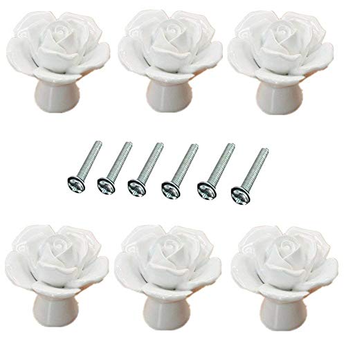 6 Piezas Flor Rosa Forma 40mm Cerámica Pullhandle, Armario Pomos Puerta, Gabinete Cajonera Cocina Caja Papelera Persianas Tirador, Muebles Decoración Tiradores - Blanco