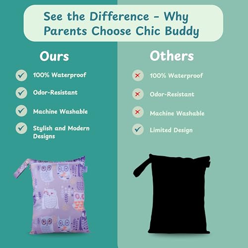 Image of Chic Buddy Waterproof Wet Bag, Washable, Reusable for Travel, Beach, Pool, Stroller, Diapers, Dirty Gym Clothes, Wet Swimsuits, Toiletries (ELF OWL, Wet Bag)