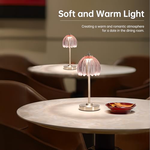 Image of Shenmoyl Tulip Table Lamp with 5200mAh Battery & Touch Control, Cordless Small Table Lamp with 3 Colors, Dimmable Rechargeable Table Lamps for Living Room, Bedroom, Desk, Bedside (Clear Pink Tulip)