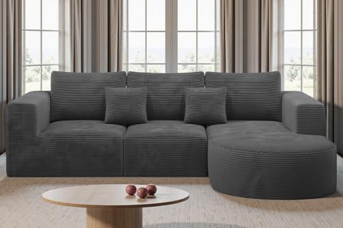 Hawthyhome Sofa mit Schlaffunktion rahmenloses Ecksofa L-Form Couch Installation-Free Cordstoff Ecksofa mit Rechts-Chaiselongue für Wohnzimmer 3 sitzer 264x177x59cm Grau