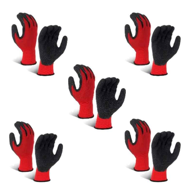 Image of Multipurpose Nylon Anti Cut PU Nitrile Coating Work Safety Gloves, Hand & Fingers, Gardening, Mechanical, Construction, Agriculture & Automotive - Durable & Comfortable (5 Pairs Red Black)