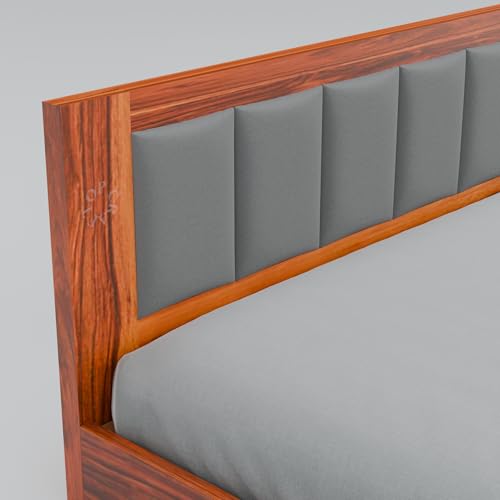 Image of Solid Wood Low Floor Bed with Upholstered Headboard | Modern Platform Bed Frame for Bedroom | Strong & Durable Wooden Bed with Cushion Backrest (Honey Finish)