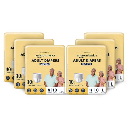 Image of Amazon Basics Economy Adult Diapers Pant Style for Men & Women | Large Size | 60 Count (10 x Pack of 6) | Up to 8 Hours Absorbency | Wetness Indicator | Soft & Comfortable | Disposable | White