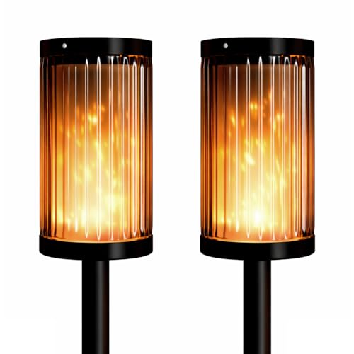 Image of Deco Window Glass Solar Lights Outdoor 2 Pack LED Flame Torches with Flickering Flame, Solar Powered Pathway Lights for Patio, Lawn, Porch, Walkway, Driveway, and Garden.