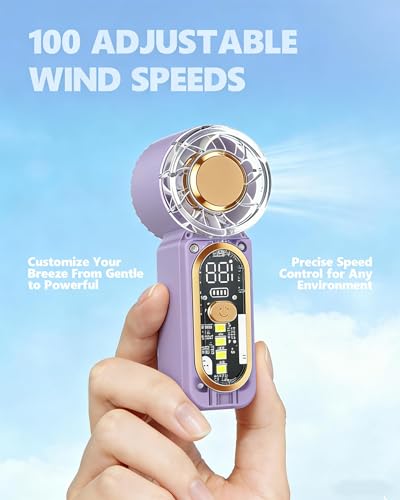 Image of Portable Handheld Mini Fan, Hand Held fans with 1-100 Speeds & Digital Display, 22000RPM Turbo Pocket Fan, USB-C Rechargeable Personal Small Fan with Emergency LED Light for Travel, Makeup, Purple