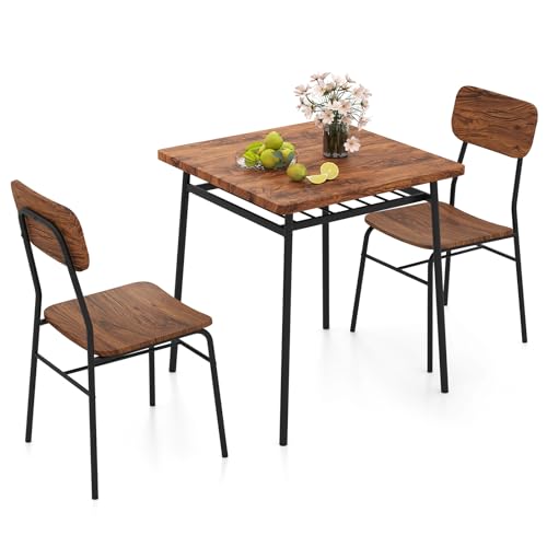 GIANTEX Ensemble de Salle à Manger 3 Pièce, Table de Cuisine avec 2 Chaises Encastrables, Étagère en Treillis, Assise Courbés, Dossier Incurvé, Cadre...