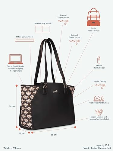 Image of ZOUK Printed Jute Handcrafted Vegan Leather Black Women's Check-point Friendly Classic Business Bag