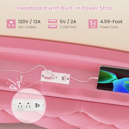 Image of DICTAC Full Size Bed Frame for Girls with 4 Storage Drawers, Bookcase Headboard, LED Lights and Power Outlets, Diamond Tufted Velvet Upholstered Princess Platform Bed, Heavy-Duty Metal Support, Pink