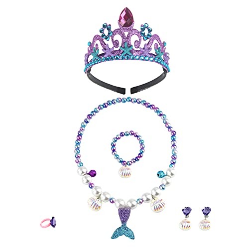 Keenjorika 6Pcs Girls Princess Necklace Bracelets Ear Clips Set Mermaid Crown Pendant Colorful Plastic Princess Party Dress Up Pretend Play Christmas Gift #TOP7