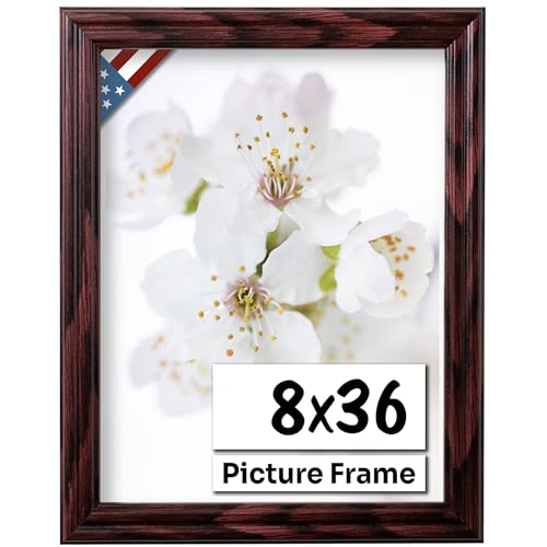 Cherry 8x36 Picture Frame .75" Inch Wide - Cherry Wall Decor Handmade Solid Wood Frames with Preinstalled Hangers and UV Blocking Plexiglass 36x8 Frame
