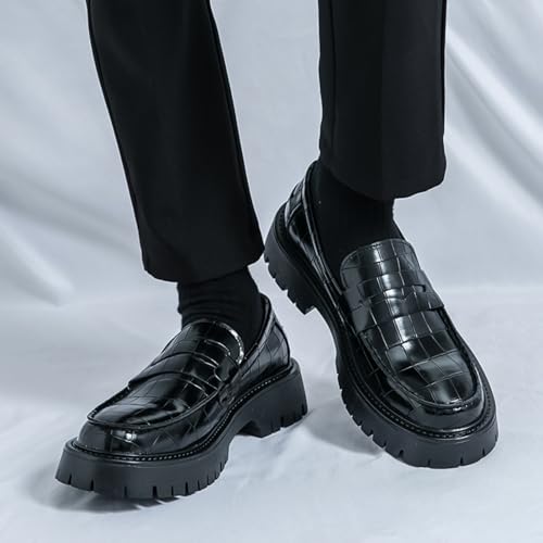 Men's Crocodile - Embossed Upper Loafers, Classic Round - Toe, Chunky - Heel, Slip - on Design and Glossy - Surface Business Casual Formal Shoes4