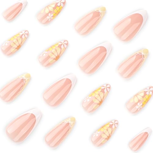 Image of Yellow Flower Press on Nails French Tip Fake Nails with Design Spring Summer Glue on Nails Reusable Artificial Acrylic Full Cover Stick on Nails Medium Almond False Nails for Women Manicure 24Pcs