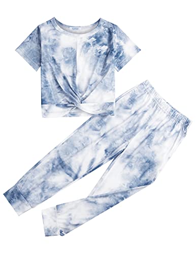 La Mejor Lista de Ropa de punto deportiva para Niña disponible en línea. 45 Arshiner Conjunto de ropa para niñas Tie Dye Twist Front Tops & Pantalones de chándal Trajes deportivos Chándales 4-13 años, Dusty Blue, 10-11 Años