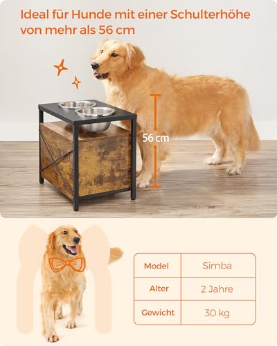 Feandrea Hundenapf erhöht, für große Hunde, Futternapf mit Gestell, erhöhter Fressnapf mit Schublade, Futterstation, 2 Schüsseln, 39 cm hoch, vintagebraun-schwarz PRB101X01V1