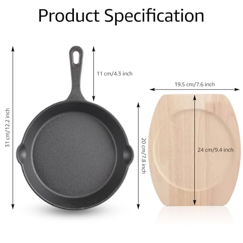 20 X 4 CM Cast Iron Frying Pan with Wooden Base, Round Cast Iron Pan Set with Handle, Heavy Duty Metal Skillet, Oven Safe Steel Frying Pans for Camping Indoor & Outdoor Cooking - Image 3