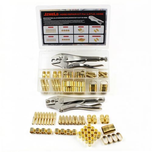 JZWELD Hose Repair and Assembly Kits 1/4 ID Torch Hose Repair Parts Kit Oxygen Acetylene Welding Hose B Size Fittings with Crimper Welding Hose Repair and Installation Kit