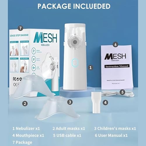 Image of Portable Mesh Nebulizer, Silent Operation, USB Rechargeable, Adult and Child Masks, Medical Grade, White
