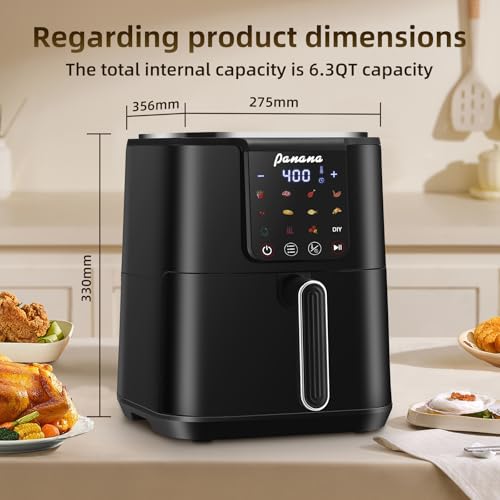 Image of Panana Air Fryer, 6.3QT Large Capacity Air Fryer, Oilless Healty Cooker Airfryer Oven with 12 Presets, 1500W Air Fryers for Quick Meal, Home Use (Black)