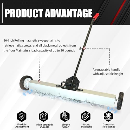 C&T 36-Inch Rolling Magnetic Pickup Sweeper With Wheels (55 Lbs Capacity), 40-Inch Telescoping Magnetic Pickup Tool (50 Lbs Capacity), Adjustable Handle, Safely Pick Up Nails, Screws And Metal Objects thumb #1