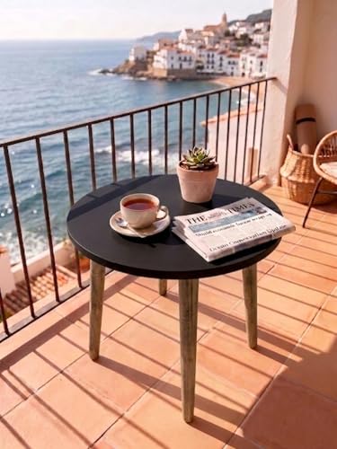 Image of Modern Round Side Table with 3 Wooden Legs, Minimalist End Table /Coffee Table for Living Room, Bedside Nightstand for Bedroom, Balcony & Small Spaces