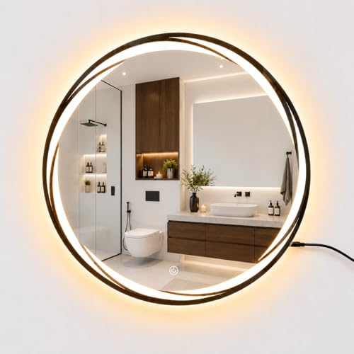Image of Bathroom LED Wall Mount Mirror With Touch Sensor, 3 Light Effects, Glass, Round Led-28 (18 X 18 Inch),White