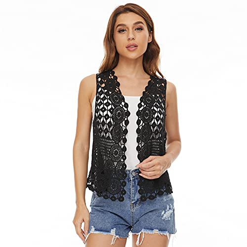 Image of Womens Floral Crochet Lace Boho Trim Sleeveless Open Front Vest Cardigan