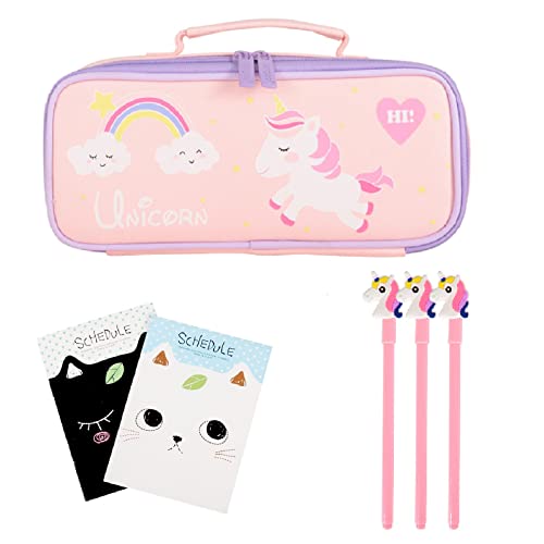 LUNEKUCK Trousse a Crayon Licorne Fille avec 3 Crayons 2 Cahiers - Trousse Licorne Scolaire Grande Capacité Rose - Trousse Ecole Fille Licorne 2 Compartiments pour Fille Garçon Etudiants