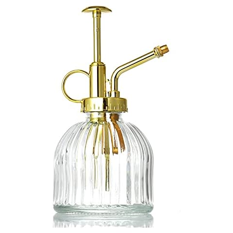 FGYZYP Plant Mister Spray Bottle, Glass with Gold Color Plastic Top Pump Small Watering Can Sprayer, Decorative Ribbed Plant Mister Bottle Sprayer for Succulent Indoor Outdoor House Plant Pet Clear Cover