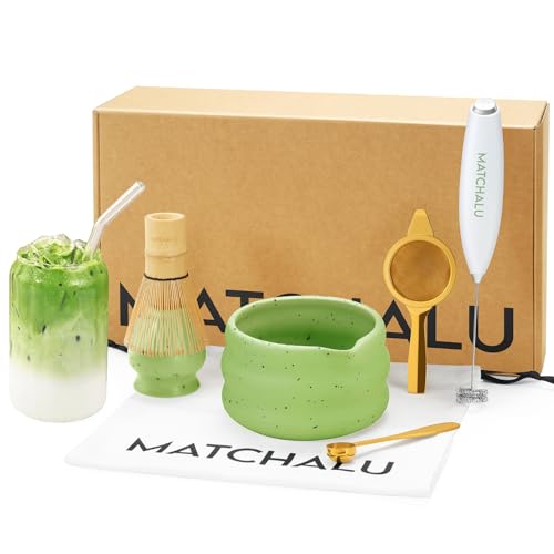 Matcha Whisk Set With Ceramic Matcha Bowl, Bamboo Whisk & Holder, Stainless Steel Spoon & Sifter, Glass Cup & Straw, Electric Frother, Storage Bag - Gift for Matcha Lovers (Premium 9-Piece Set Green)