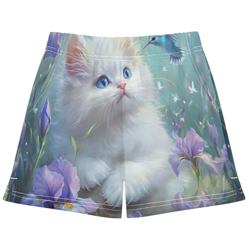 Girls Athletic Shorts Dreamy Kitten Hummingbird Flowers Shorts Colorful Animal Print Kids Summer Clothes, X-Small