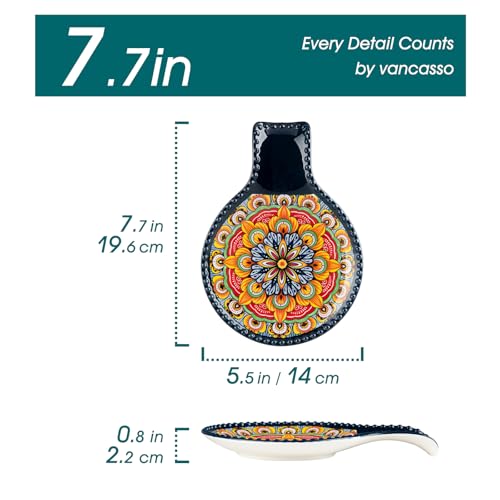 Image of vancasso 7.7 Inch Ceramic Spoon Rest, Bohemian Stove Top, Blue | Holds Spoons, Spatulas, Ladles, and Tongs, Bohemian Design, Stove Top and Countertop, Dishwasher and Microwave Safe Ceramic
