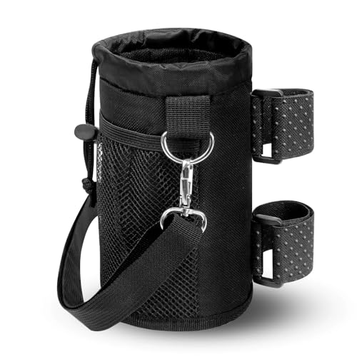 Cup Holder for Bike Wheelchair and Scooter Water Bottle Holder for Bicycle Walker Stroller Utv ATV eBike and Beach Universal Drink Holder Accessories with Strap and Net Pocket - Black
