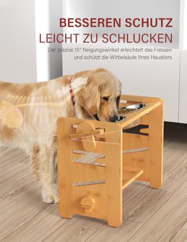Vantic Hundenapf erhöht mit Ständer, einstellbare Futternapf Hund Erhöht für Großen Hunde, haltbar Futterstation Bambus Hund mit 2 Edelstahlnäpfen und Rutschfesten Füßen