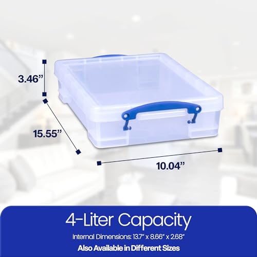 Image of Really Useful Box 4 Liter Plastic Storage File Box Container with Snap Lid and Clip Lock Handles for Office Organization and Storage, Clear (10 Pack)