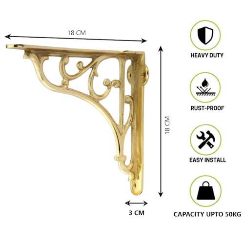 Image of GHAR DWAR Metal Handcrafted Shelf Bracket for Floating Shelves L Angle Decorative L Shaped Corner Brace Joint Heavy Duty Wall Mounted Shelf Supporter Brace Holder (Gold, Pack of 2)