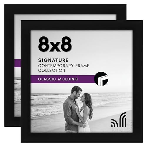 Image of Americanflat 8x8 Picture Frame with Shatter-Resistant Glass - Set of 2 - Use as 4x4 Frame with Mat or Display 8x8 Photo Without Mat - Signature Collection - Square Frames for Tabletop and Wall - Black