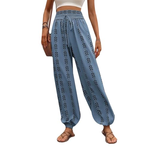 Pantalones Holgados Estilo Boho Mujer,Prendas con Cintura elástica y Estampado Vertical,Ropa Ligera para Verano y Vacaciones