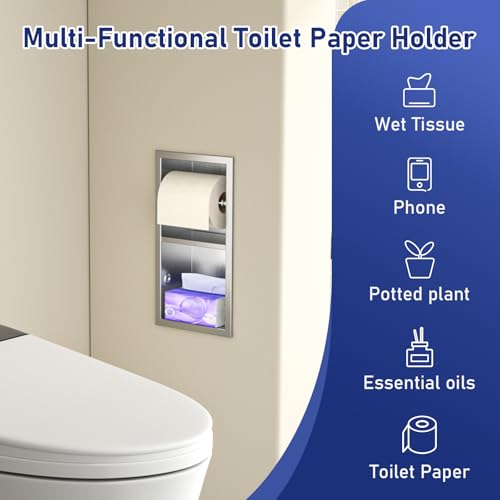 Bernkot Recessed Toilet Paper Holder, Double Roll Toilet Tissue Holder for Bathroom Remodel, in Wall Toilet Paper Niche Modern Style (Brushed)
