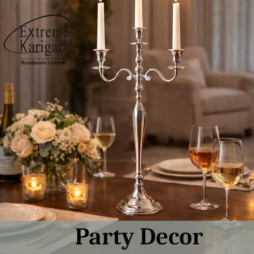 Image of Decorative Aluminum Silver Plated Three Arm Candle Holder Stand for Home Decor, Wedding, Party, DinningTable Centerpiece & Church Altar (18 inch * 7 inch * 30.5 inch)