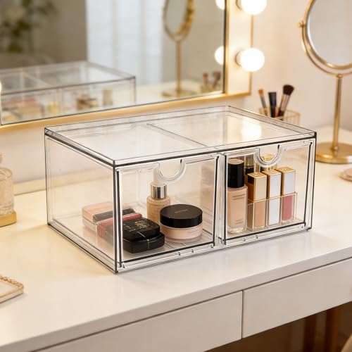 Image of Prsildan Stackable Clear Makeup Organizer Acrylic Storage Drawers with 2 Drawers for Vanity Bathroom Office Desk Modular Drawer System for Cosmetics Jewelry Toiletries Home Organization