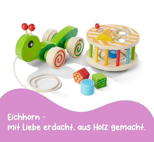 Eichhorn 100002231 NachziehStecktier, mit 4 versch. Steckbausteinen, Birkenholzspielzeug mit Bewegung, für Kinder ab 1 Jahr, Größe: 15x24x19,5cm